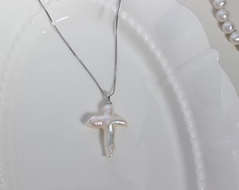 Large Freshwater Cross Pearl Pendant Necklace, Silver Religious Catholic Gifts, Natural Pearl Cross Pendant, Bridesmaid Gift, Gift for her