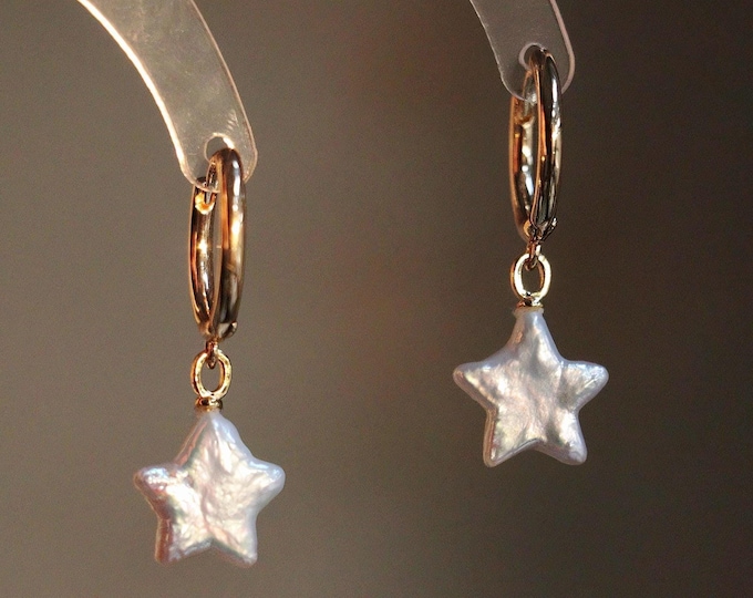 Freshwater 12mm Star Moon Pearl Earring Hoop, Dainty Iridescent Baroque Star Pearl Necklace, Minimalist Celestial Earring, Gift For Her