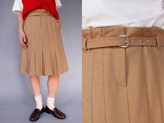 Alberta Ferretti, Vintage Philosophy di Alberta Ferretti rok, camel wollen paperbag plissérok met riem, maat XS-S