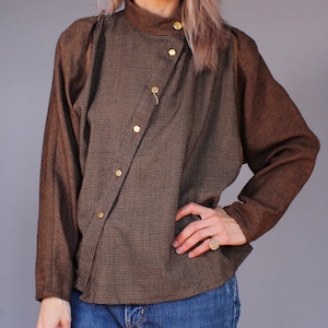 Bluzka vintage oversize Deadstock Blizz asymetryczna z lat 80. Brązowa góra, rozmiar XS-S-M