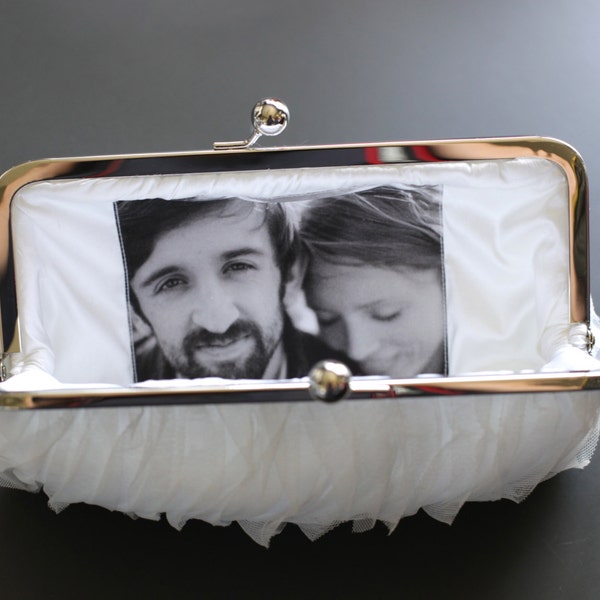 White Bride Tulle Clutch with Black and White Photo Included