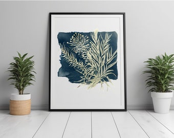 Wild Grass Watercolor Art, High Quality Printable Art, Botanical Art, Cyanotype Blue Color, Nature Decor