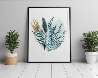 Botanical Fern and Wild Grass Printable Art, Watercolor Art, Nature and Outdoor Inspired Decor, Blue Decor, High Quality Digital Download