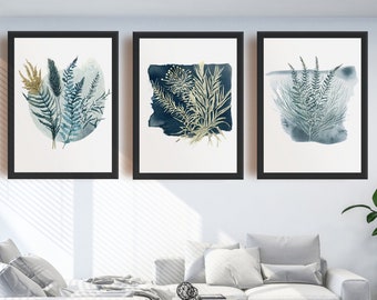 Cyanotype Fern and Wild Grass Prints, Set of 3 High Quality Printable Wall Art, Watercolor Art, Blue Decor Wall Art, Digital Download