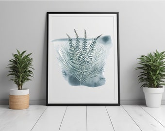 Watercolor Fern Art, Blue Room Decor, High Quality Printable Art, Nature Wall Decor