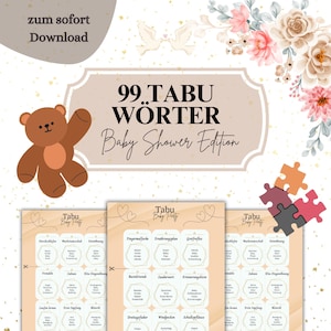 99 Babyparty Tabu Spiel | Boho Teddybär | Baby Shower Party, Karten Spiel | Deutsch | Sofort Download und Ausdruck | Beige