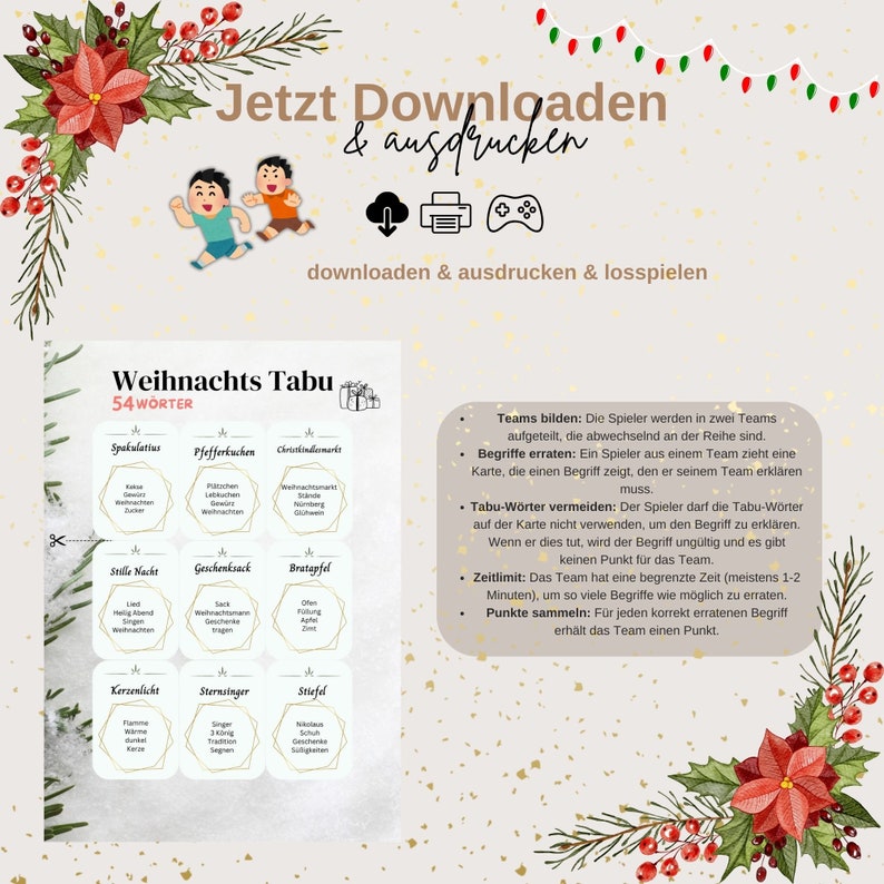 Weihnachten Tabu Spiel, 54 Tabu Wörter für Weihnachten, Familien Party