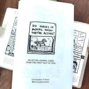 Op de afbeelding: Een open dagboek met een stripverhaal met de vraag: "Weten paarden in films dat ze acteren?" De strip toont een paard dat over een hek springt. Daaronder staat "Selected Journal Comix From The First Half of 2025".