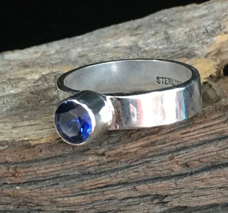 Rustic Handmade Lab-grown Blue Sapphire Sterling Silver Ring image 3