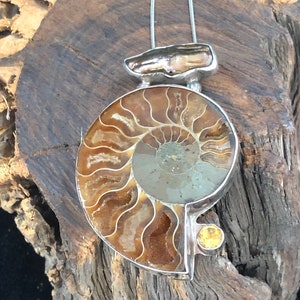 Biwa Freshwater Pearl Ammonite and Citrine Sterling Silver Fine Art Jewelry Pendant image 7