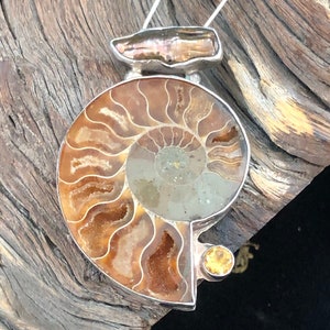 Biwa Freshwater Pearl Ammonite and Citrine Sterling Silver Fine Art Jewelry Pendant image 6