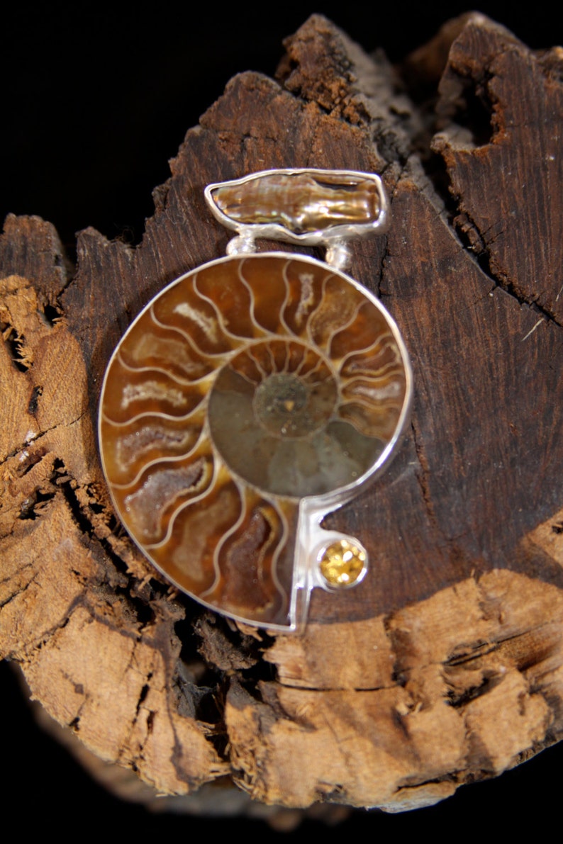 Biwa Freshwater Pearl Ammonite and Citrine Sterling Silver Fine Art Jewelry Pendant image 4