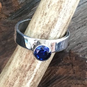 Rustic Handmade Lab-grown Blue Sapphire Sterling Silver Ring image 5