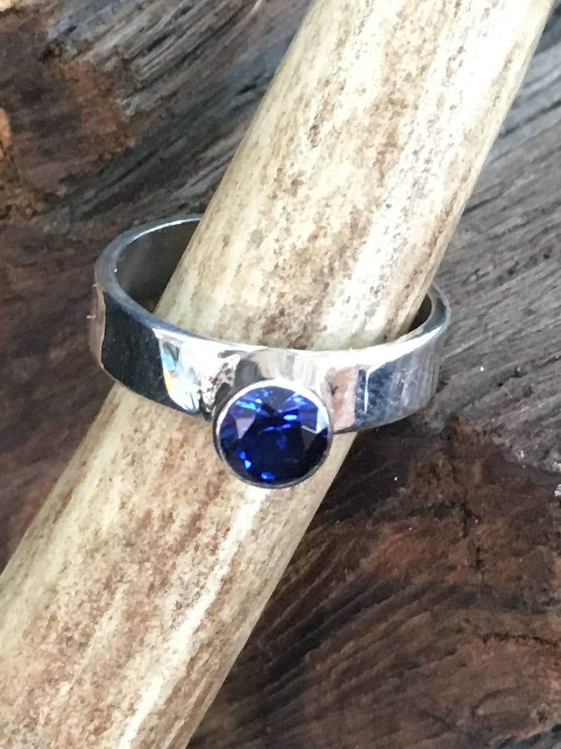 Rustic Handmade Lab-grown Blue Sapphire Sterling Silver Ring image 5