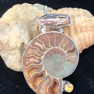 Biwa Freshwater Pearl Ammonite and Citrine Sterling Silver Fine Art Jewelry Pendant image 2