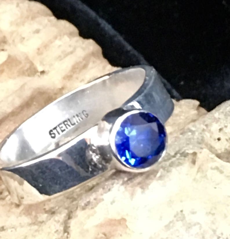 Rustic Handmade Lab-grown Blue Sapphire Sterling Silver Ring image 2