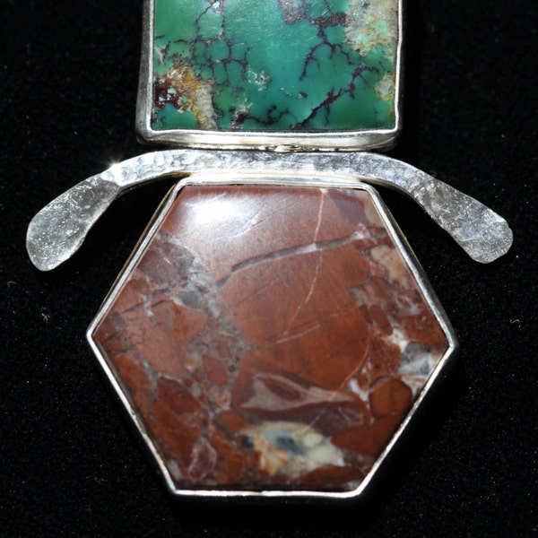 Turquoise and Red Japser Sterling Silver Fine Art Jewelry Pendant