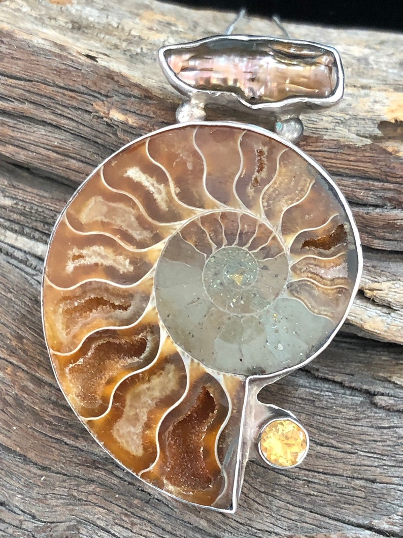 Biwa Freshwater Pearl Ammonite and Citrine Sterling Silver Fine Art Jewelry Pendant image 1