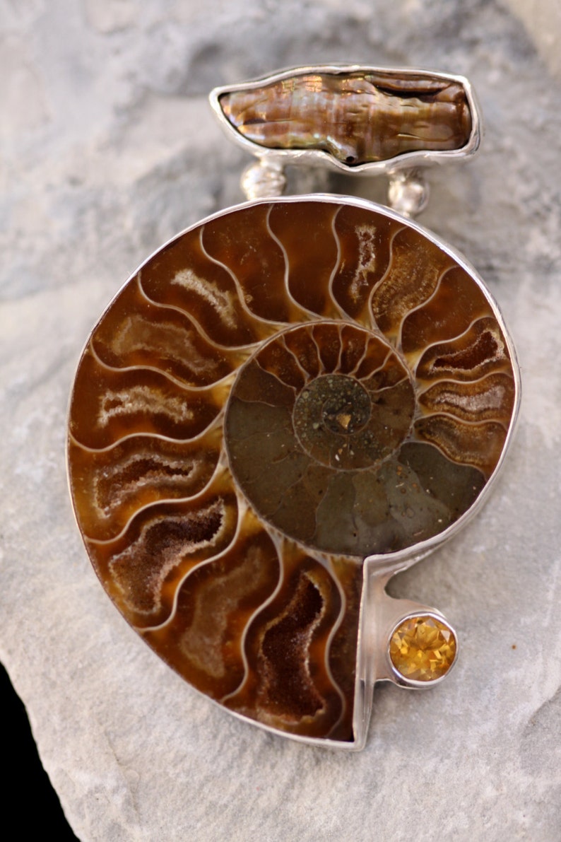 Biwa Freshwater Pearl Ammonite and Citrine Sterling Silver Fine Art Jewelry Pendant image 5