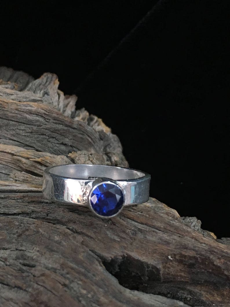 Rustic Handmade Lab-grown Blue Sapphire Sterling Silver Ring image 8