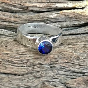 Rustic Handmade Lab-grown Blue Sapphire Sterling Silver Ring image 1