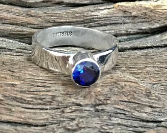 Rustic Handmade Lab-grown Blue Sapphire Sterling Silver Ring