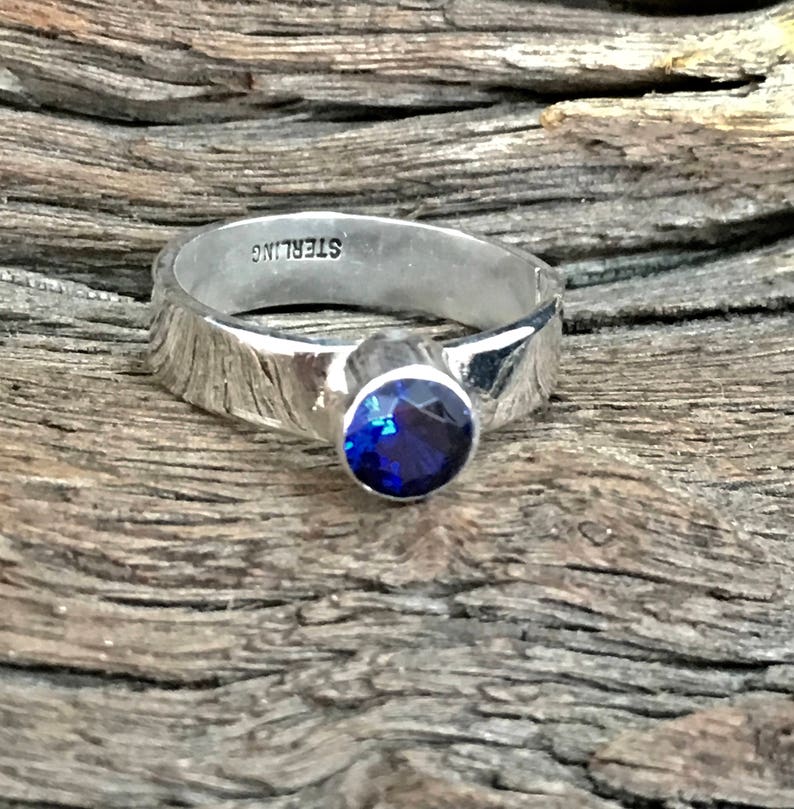 Rustic Handmade Lab-grown Blue Sapphire Sterling Silver Ring image 1