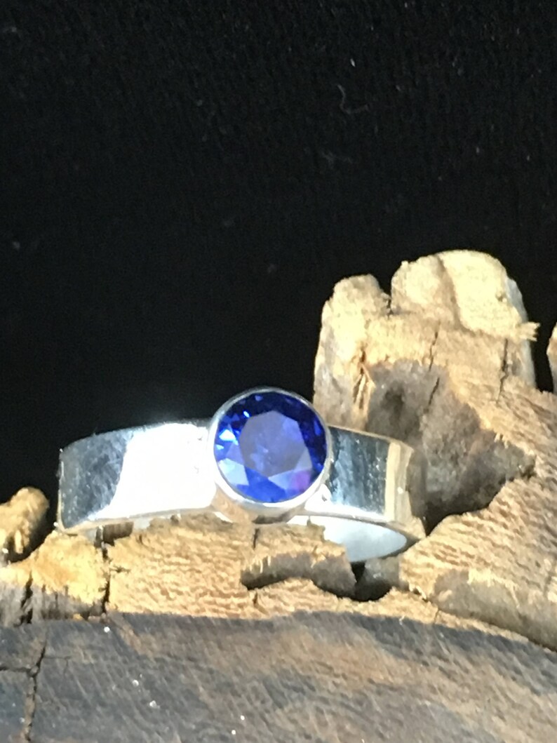 Rustic Handmade Lab-grown Blue Sapphire Sterling Silver Ring image 4