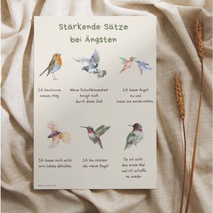 Könnte beinhalten: Ein Poster mit Aquarellillustrationen von Vögeln und deutschem Text. Der Titel lautet "Stärkende Sätze bei Ängsten" (Stärkende Sätze für Ängste). Jedes Bild hat eine entsprechende Affirmation.
