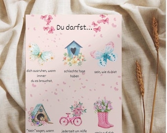 Du darfst Poster | Selbstfürsorge Spruch | A4 Affirmationen Wandbild | Achtsamkeit Deko für Zuhause| Mutmacher Poster| Selbstliebe Spruch