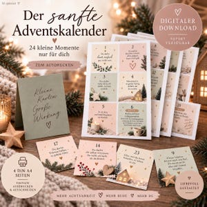 May include: A digital download set of printable advent calendar cards featuring 24 small squares with German text, festive illustrations of stars, pine branches, and houses in soft pastel colours, presented on four A4 pages for printing and cutting.