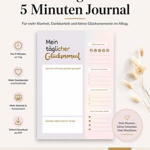 Może przedstawiać: Cyfrowy dziennik z tekstem "Dein tägliches 5 Minuten Journal" w kolorze czarnym i złotym. Dziennik ma na celu promowanie jasności, wdzięczności i pozytywności. Zawiera podpowiedzi i miejsce na codzienne refleksje.