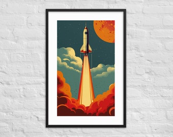 Lámina artística de lanzamiento de cohete retro / Póster espacial llamativo / Decoración enmarcada de mediados de siglo / Arte de pared vibrante para sala de estar u oficina