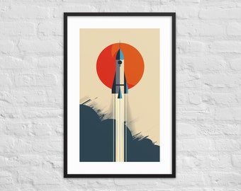Impresión de arte de pared con cohetes retro / Póster espacial de mediados de siglo / Decoración moderna enmarcada / Diseño audaz de cohetes para sala de estar u oficina