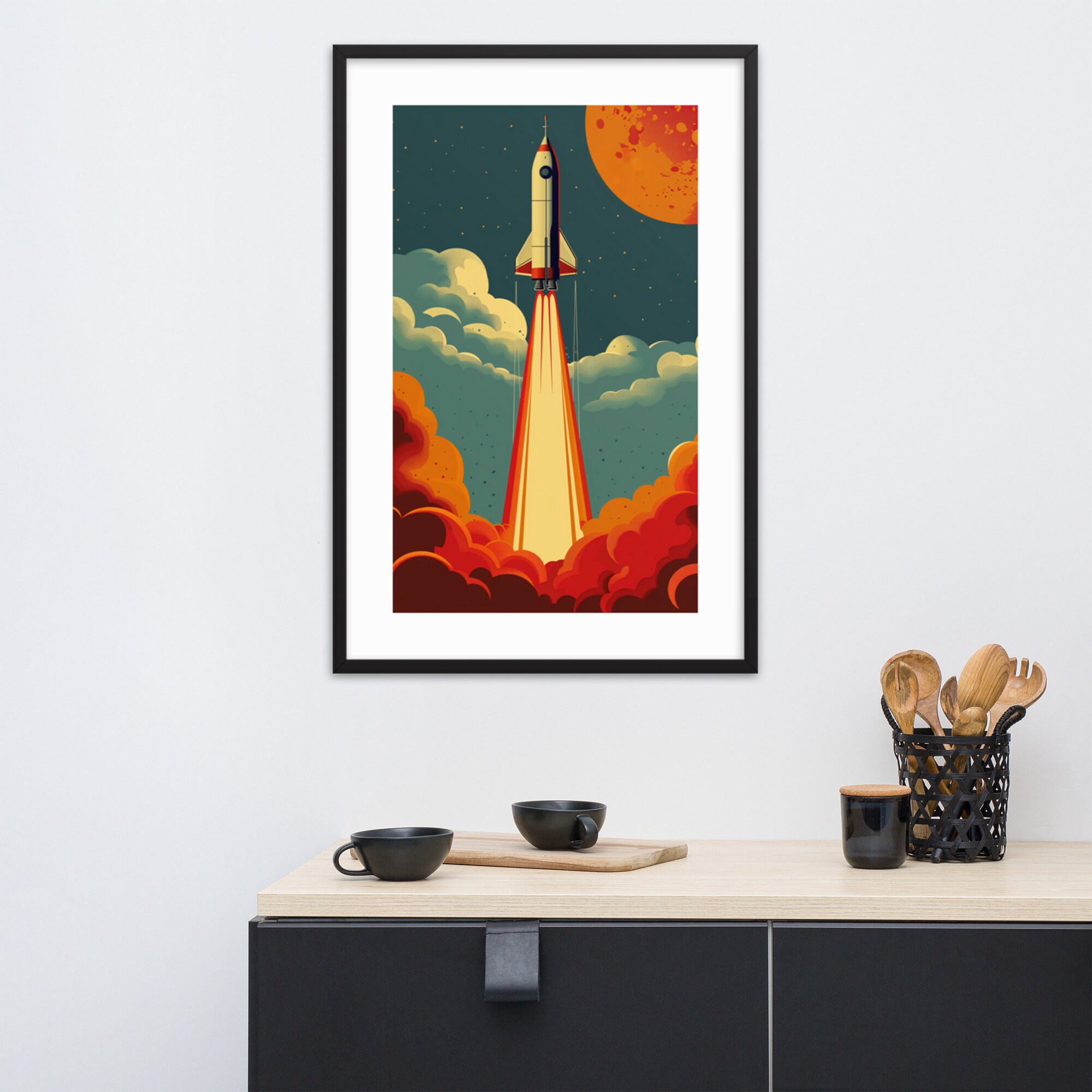 Retro Rocket Launch Art Print | Bold Space Poster | Framed Mid-century ...