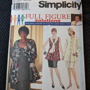 May include: Simplicity sewing pattern number 9121 for a full figure dress, jacket, and top. The pattern is labelled "Full Figure Solutions" and "Easy to Sew".
