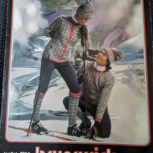 May include: A vintage knitting pattern booklet featuring two people wearing ski sweaters, socks, and hats. The booklet is titled "Ski Sweaters, Socks and Lids" and is from Brunswick, leaflet 7524. The price is 60 cents.