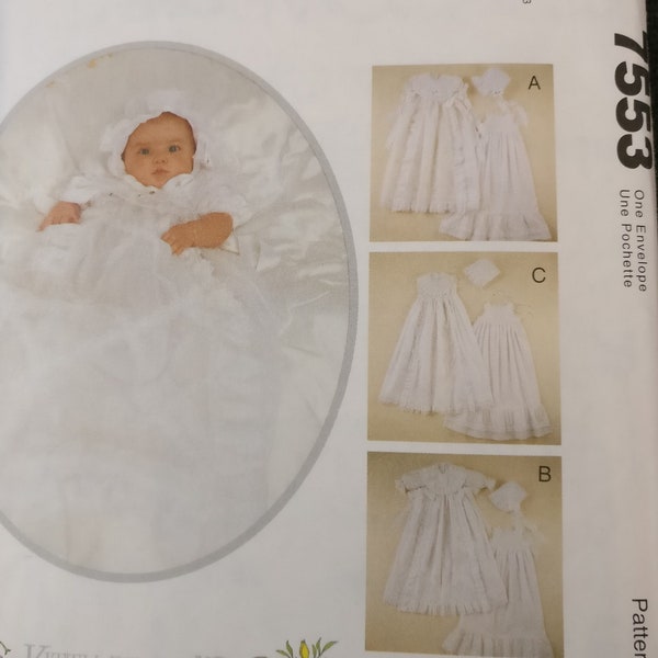 McCalls Baby Christening Gown Dress Bonnet Pattern 7553