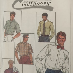 May include: A sewing pattern for five different men's shirts. The shirts are shown in various colors and styles, including a white shirt with a bow tie, a plaid shirt, a green shirt with a pocket, and a yellow shirt with a tie. The pattern is from the "Connoisseur" collection by Simplicity.