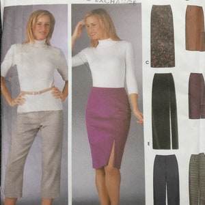 May include: Simplicity sewing pattern featuring six bottom styles. The pattern includes a pencil skirt with a front slit, a straight-leg pant, and a patterned skirt. The size range is 16, 18, 20, and 22.