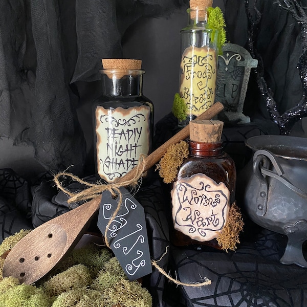 Nightmare before christmas sally potion poison bottles and spoon frogs breath nightshade worms wart