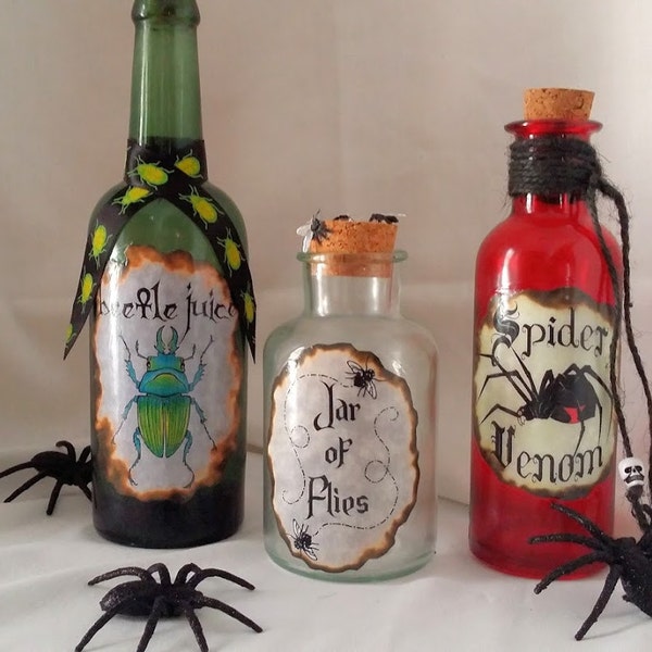 SPIDER Venom BEETLE Juice and Jar of FLIES potion poison 3 bottles halloween