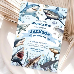 Invitation d'anniversaire Sharktastic, invitation de requin sous la mer, fête de la mâchoire, invitation de requin, fête d'animaux marins de l'océan, requin-marteau STA01