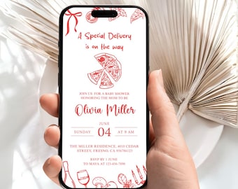 Pizza Special Delivery Baby Shower Evite A Special Delivery Is On The Way Mobile Invitation Slice Slice Pizza Invite Pizza Party Baby PD02