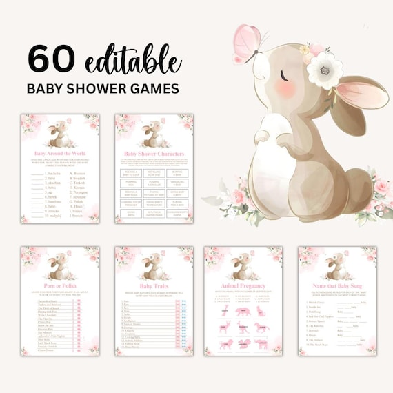 Editable Cute Bunny Baby Shower Game Package Girl Some bunny is on the way Baby Shower Game Bundle Pink Elegant Flowers BUN01
