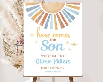 Könnte beinhalten: Willkommensschild für eine Babyparty mit einem Aquarell-Sonnendesign in Orange, Blau und Beige. Der Text lautet "Here Comes the Son", gefolgt von den Details der Babyparty, einschließlich des Namens Olivia Millers und des Datums.