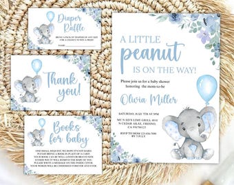 Puede incluir: Juego de invitaciones para baby shower con un elefante azul y gris sosteniendo un globo. La invitación principal dice "A Little Peanut is on the Way!" e incluye detalles del evento. Tarjetas adicionales incluyen "Diaper Raffle", "Thank You!" y "Books for Baby".