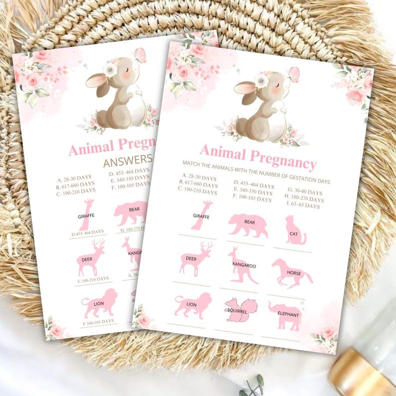 May include: Two pink baby shower game cards with the text "Animal Pregnancy" and illustrations of animals. The cards feature a bunny illustration and floral accents. The game matches animals to gestation periods.