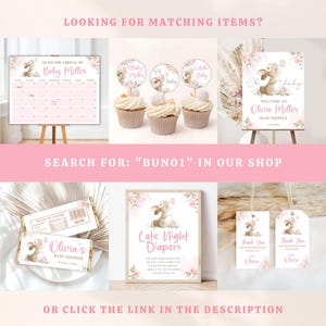 May include: A collection of baby shower decorations in pink and white, including a calendar, cupcakes, a welcome sign, candy bar wrappers, a sign for late night diapers, and gift tags. The text includes "Baby Miller" and "Olivia's Baby Shower".