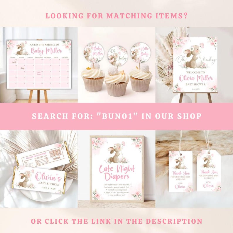 May include: A collection of baby shower decorations in pink and white, including a calendar, cupcakes, a welcome sign, candy bar wrappers, a sign for late night diapers, and gift tags. The text includes "Baby Miller" and "Olivia's Baby Shower".